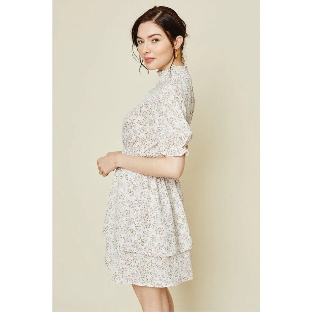 Hayden Los Angeles Beige Floral Smocked Dress Prarie Boho